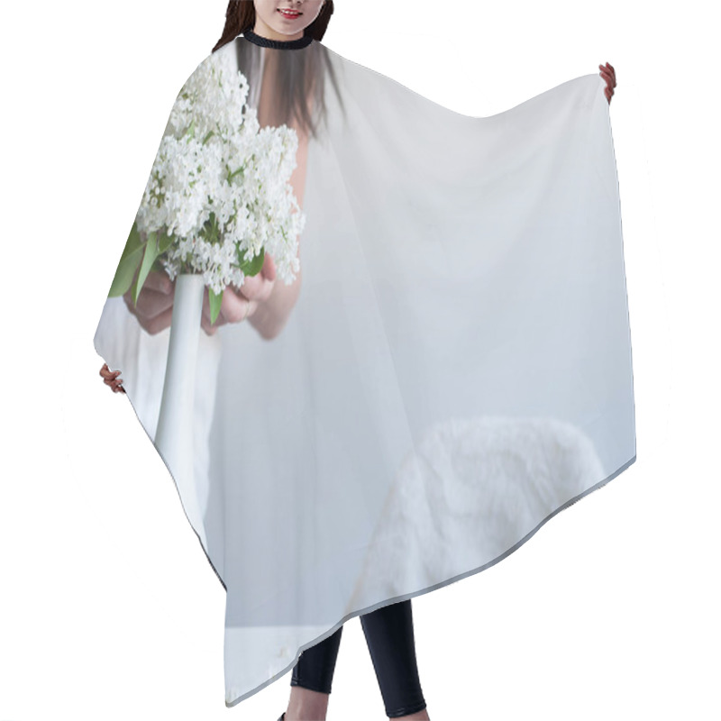 Personality  Young Woman With White Lilac Flowers Hair Cutting Cape