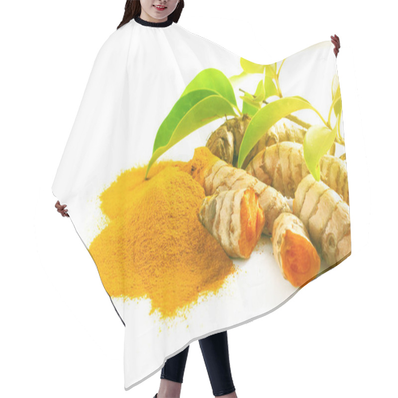 Personality  Turmeric Roots And Powder Isolated On White Background Hair Cutting Cape