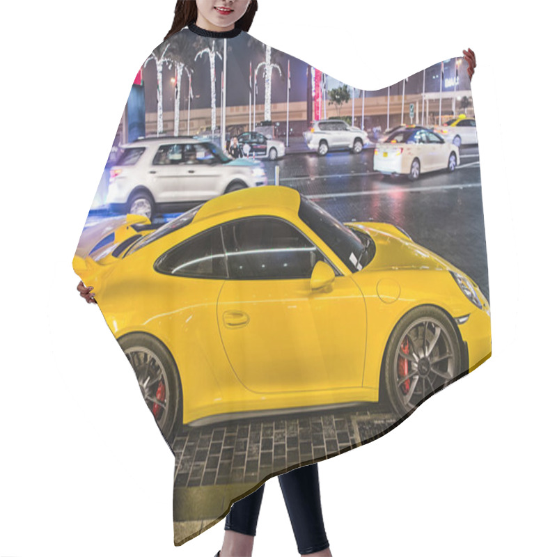 Personality  DUBAI, UAE - December 23, 2017: Luxury Supercar Porsche 911 Carrera 4 GTS Yellow Color Parked Next To Dubai Mall. Lamborghini Is Famous Expensive Automobile Brand Car Hair Cutting Cape