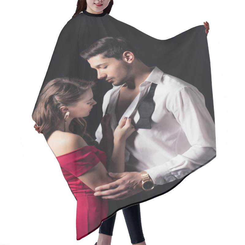 Personality  Woman In Red Dress Undressing Man Shirt Isolated On Black Hair Cutting Cape