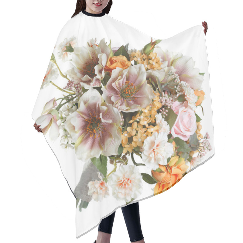 Personality  Beautiful Bouquet In Gentle Tones Isolated On White Background. Hair Cutting Cape