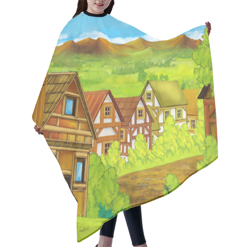 Personality  Cartoon Scene With Mountains Valley Near The Forest With Wooden House Illustration For Children Hair Cutting Cape