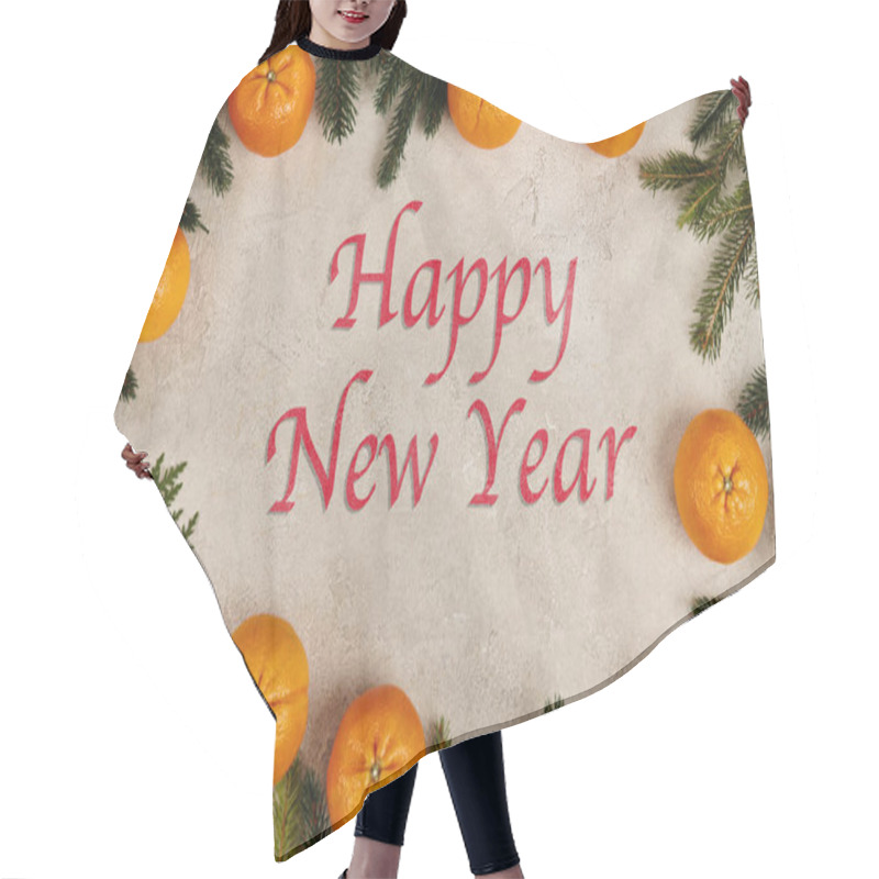 Personality  Happy New Year Lettering In Frame Of Tangerines With Pine And Juniper Branches On Grey Texture Hair Cutting Cape