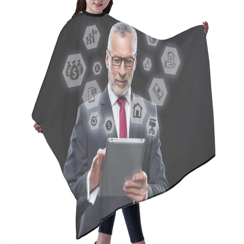 Personality  Businessman Using Digital Tablet  Hair Cutting Cape