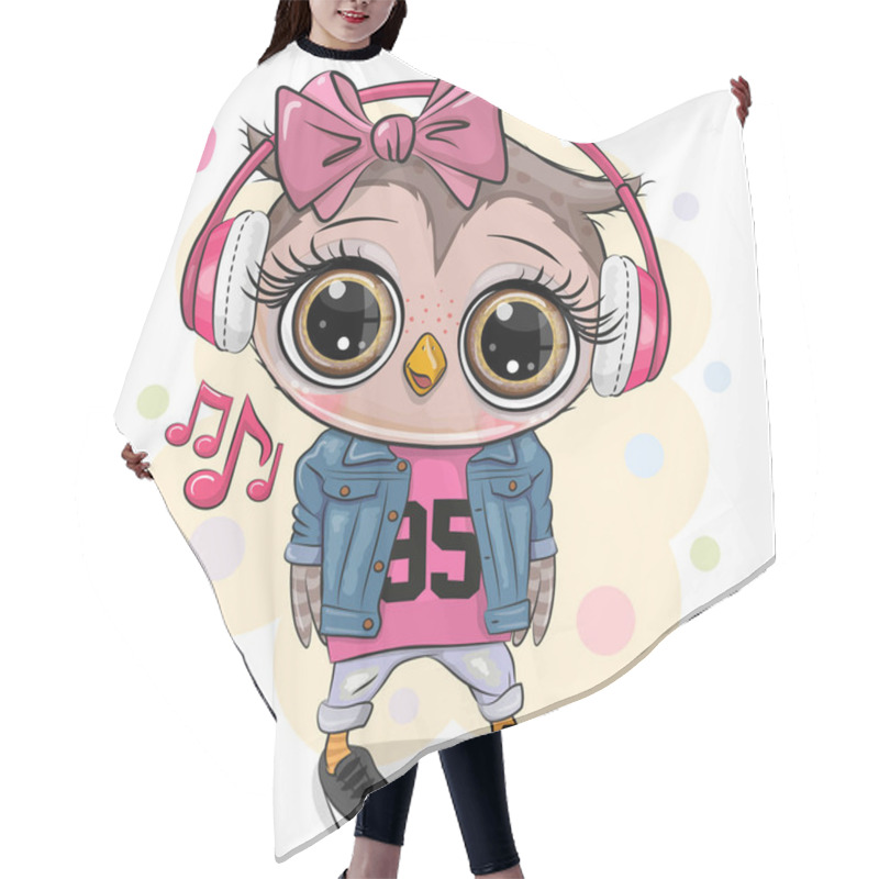 Personality  Cute Cartoon Owl Girl With Pink Headphones On A White Background Hair Cutting Cape