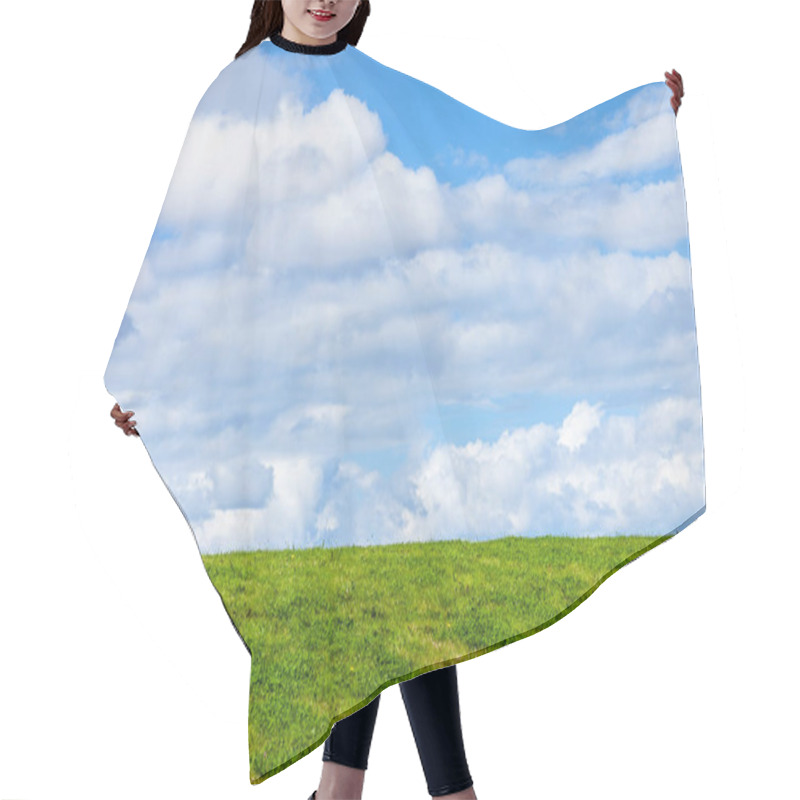 Personality  Green Grass Background Showing An Horizon Of Cumulous Fluffy Clouds With A Blue Sky In An Agricultural Pasture Field, Stock Photo Image With Copy Space Hair Cutting Cape