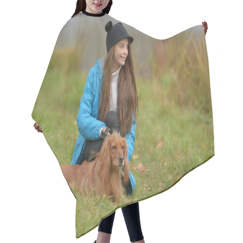 Personality  Happy Girl In The Park With A Spaniel In The Fall By The Lake Hair Cutting Cape