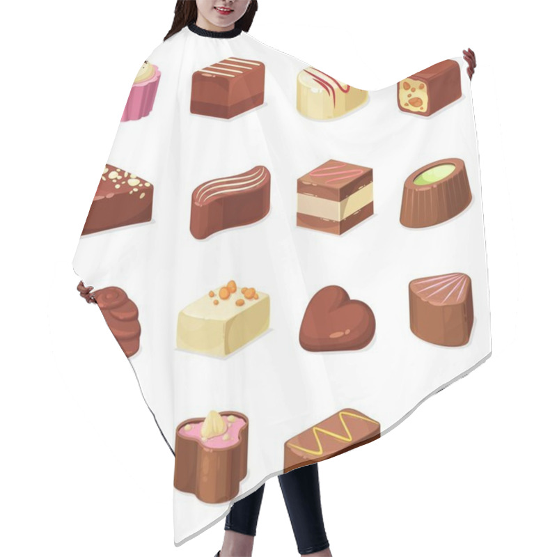 Personality  Chocolate Candy And Sweets Vector Design Of Dessert Food. Candy And Truffle Set With Dark, Milk And White Chocolate Coating, Filled With Nut Praline, Caramel, Cocoa Cream, Nougat And Coffee Mousse Hair Cutting Cape