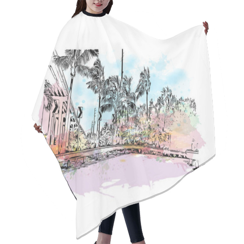 Personality  Print Building View With Landmark Of Key Largo Is The Census Place In Florida. Watercolor Splash With Hand Drawn Sketch Illustration In Vector. Hair Cutting Cape