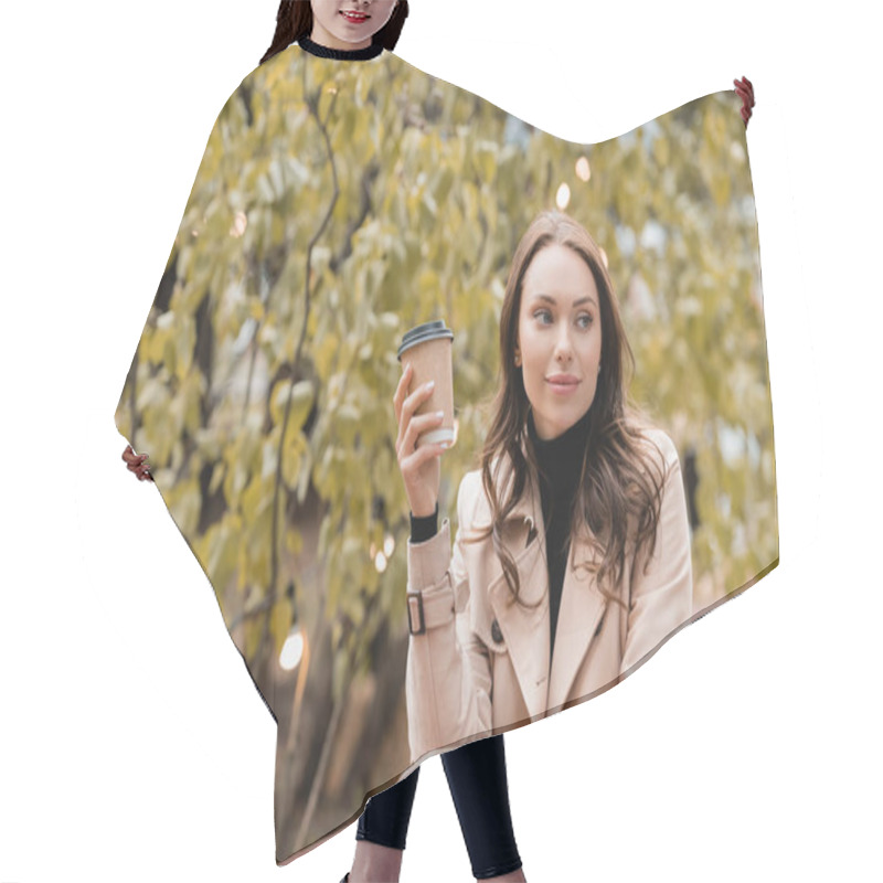 Personality  Dreamy Woman In Beige Trench Coat Holding Paper Cup With Coffee To Go In Autumnal Park Hair Cutting Cape