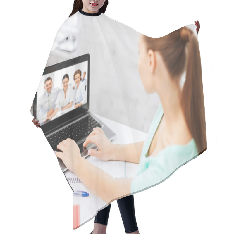 Personality  Woman Or Student Having Video Interview On Laptop Hair Cutting Cape