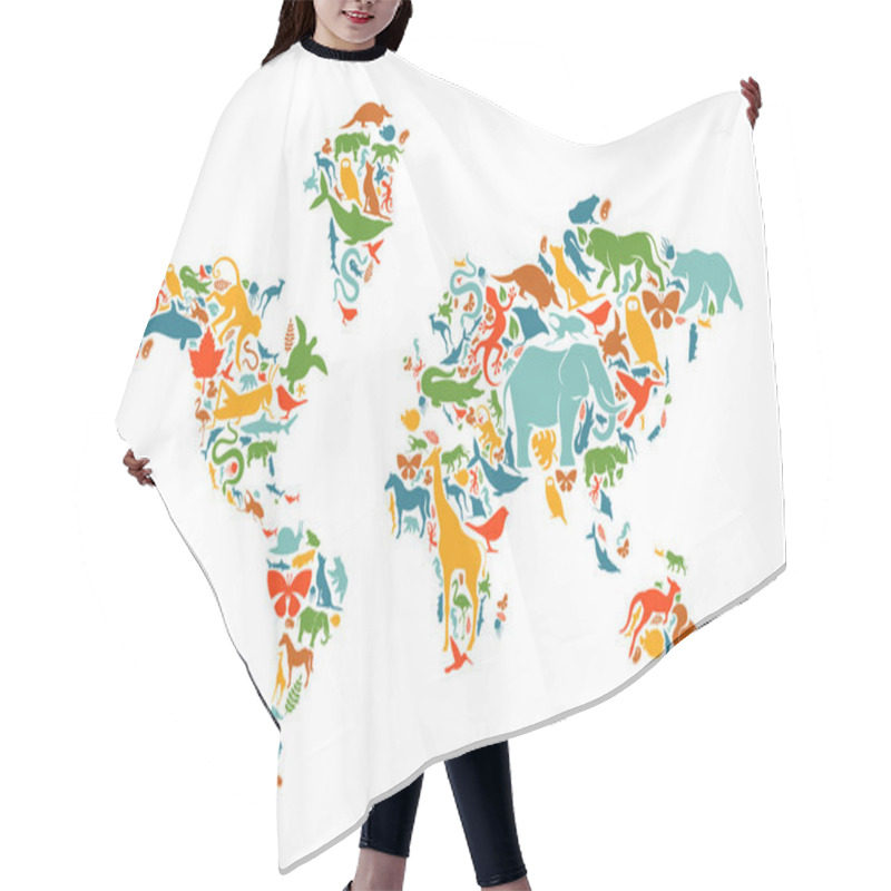 Personality  Diverse Animal Shapes Making World Map Shape On Isolated White Background. Colorful Animals Silhouette Illustration For Wild Life Planet Concept Or Earth Biodiversity Campaign. Hair Cutting Cape