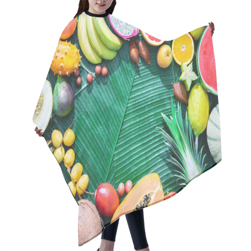 Personality  Assortment Of Tropical Fruits On Leaves Of Palm Trees. Top View Hair Cutting Cape