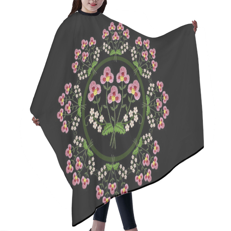 Personality  Pattern For Embroidery Satin Stitch Wreath Of Bouquets With Pink And White Flowers On Branches With Leaves On A Black Background Hair Cutting Cape