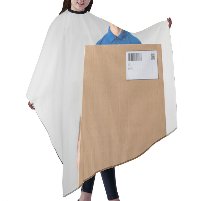 Personality  Cropped View Of Bearded Courier Holding Cardboard Package With Qr Code And Barcode Isolated On Grey Hair Cutting Cape