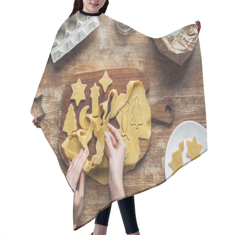 Personality  Partial View Of Woman Preparing Christmas Cookies On Wooden Tabletop With Ingredients Around Hair Cutting Cape