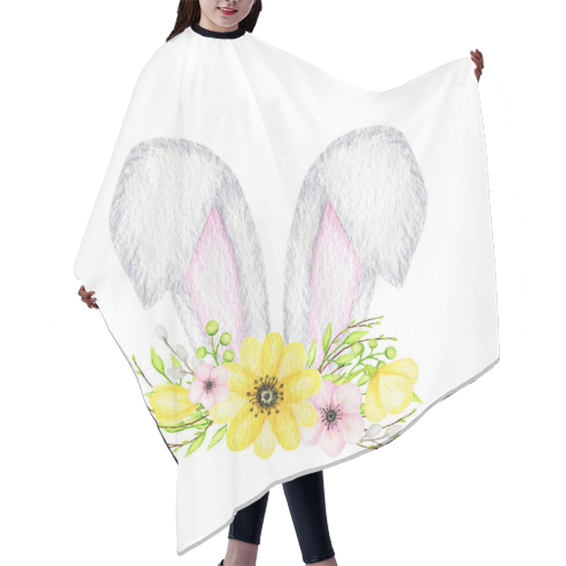 Personality  Watercolor Easter Bunny Ears With Floral Crown Isolated Yellow Pink Illustration On White Background. Hand Painted Cartoon Spring Holidays Rabbit Ears Hair Cutting Cape