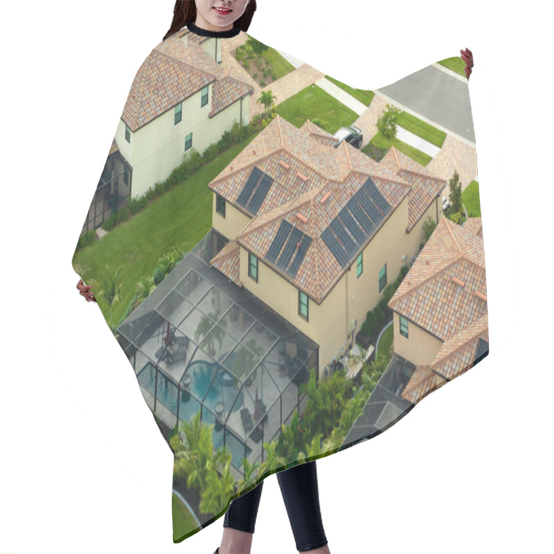 Personality  Aerial View Of Expensive Modern Houses With Outside Swimming Pool Covered With Mosquito Mesh On Metal Frame For Insect Protection In Florida Closed Living Club. Hair Cutting Cape