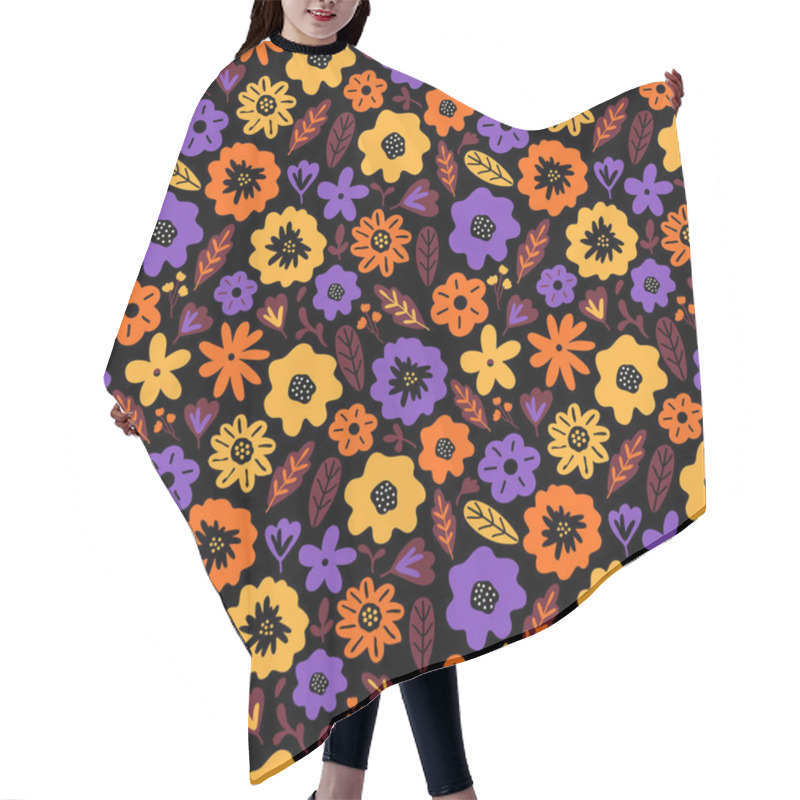 Personality  Blooming Summer Meadow Seamless Pattern. Repeating Floral Pattern On Dark Background. Lot Of Different Wild Yellow, Red, Purple Flowers On The Field. Liberty Mille Fleurs. Scandinavian Style Hair Cutting Cape