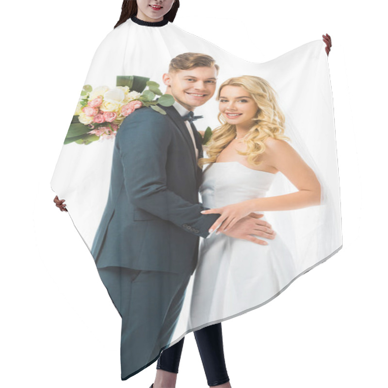 Personality  Smiling Bride With Wedding Bouquet Hugging Happy Groom Isolated On White Hair Cutting Cape