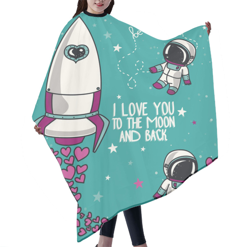 Personality  Cute Doodle Spaceship And Astronauts For Valentine's Day, Cosmic Vector Illustration Hair Cutting Cape