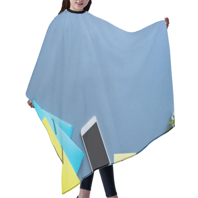 Personality  Top View Of Smartphone With Blank Screen Near Paper Folders And Stationery On Blue Background Hair Cutting Cape