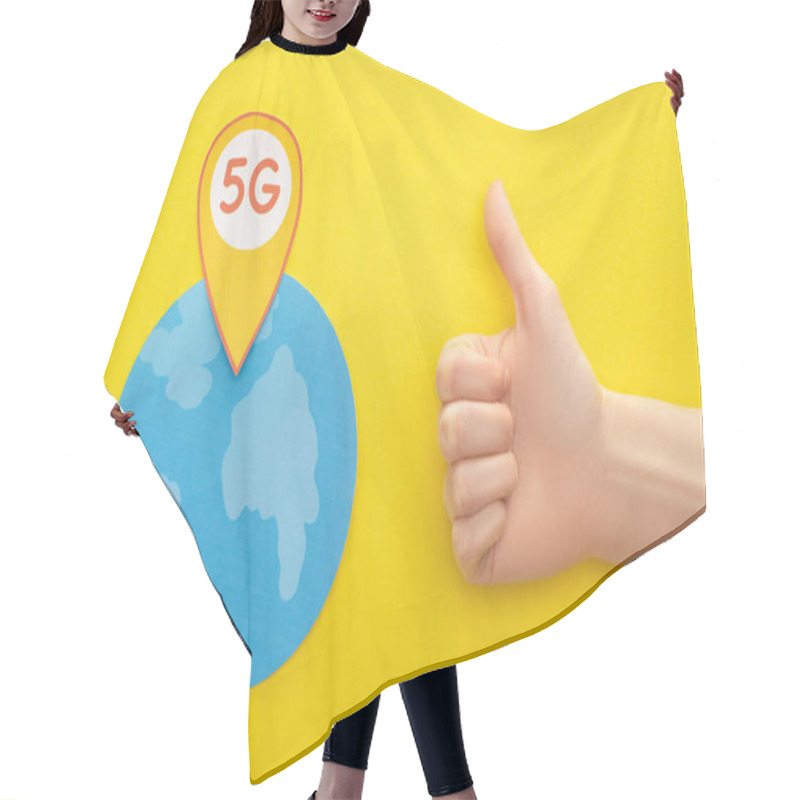 Personality  Top View Of Globe And 5g Lettering In Location Mark Near Thumb Up On Yellow Background Hair Cutting Cape