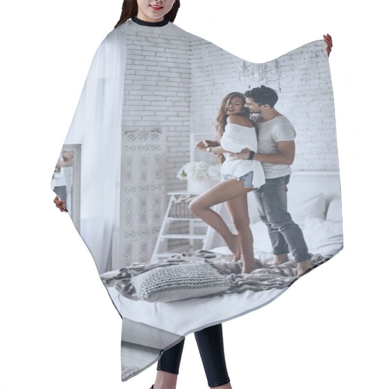 Personality  Happy Couple Flirting On Bed Hair Cutting Cape