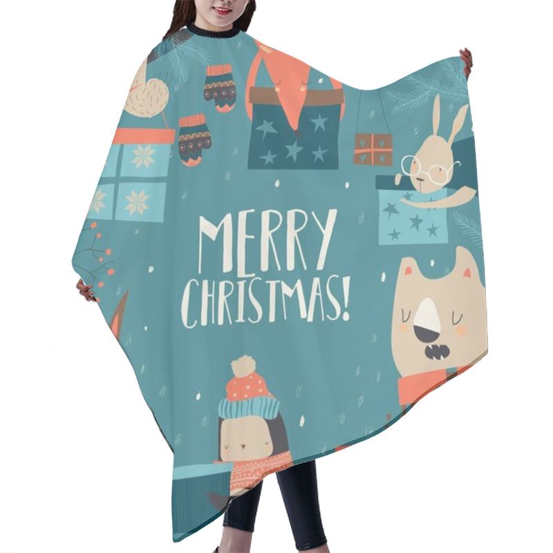 Personality  Cartoon Happy Animals Holding Christmas Presents. Happy Holidays Hair Cutting Cape