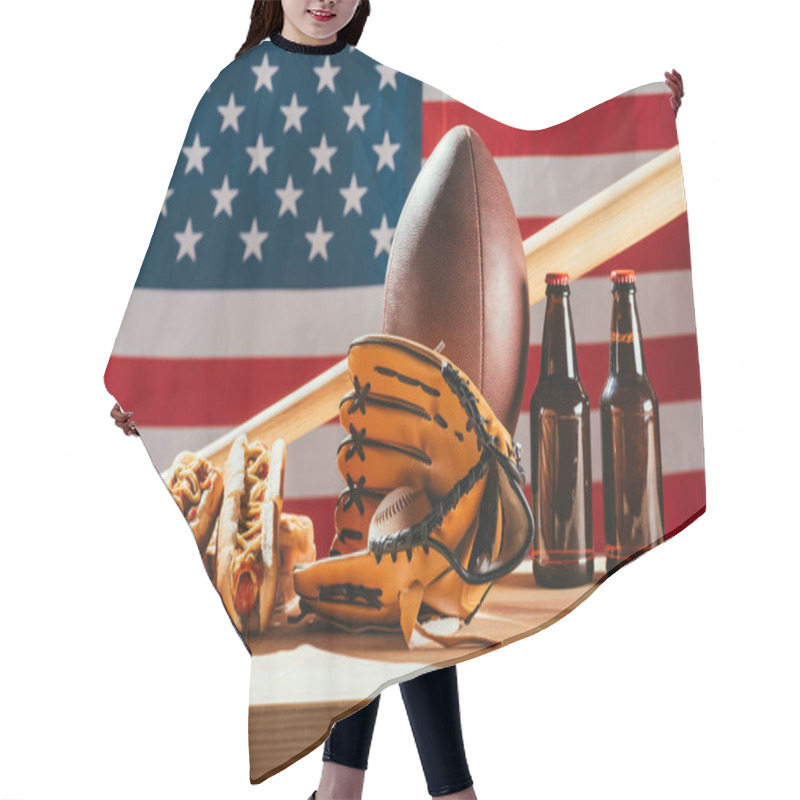 Personality  Close-up View Of Beer With Hot Dogs And Sport Equipment With American Flag Behind   Hair Cutting Cape