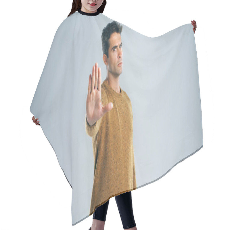 Personality  Palm, No And Portrait Of Man In Studio With Hand Gesture For Rejection, Refuse And Stop On Gray Background. Upset, Sign Language And Isolated Person With Emoji For Self Defense, Warning And Protest. Hair Cutting Cape