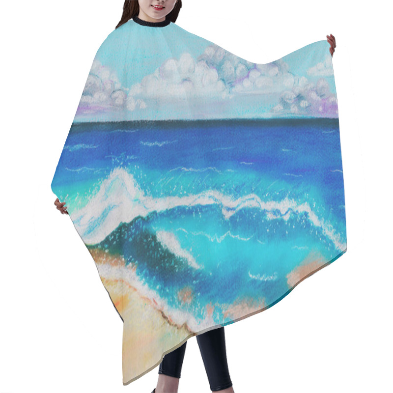 Personality  Seascape, Wave With Sea Foam,blue Sea To The Horizon, Fluffy Clouds In The Sky, Sandy Beach,sandy Beach.dry Pastel Hair Cutting Cape