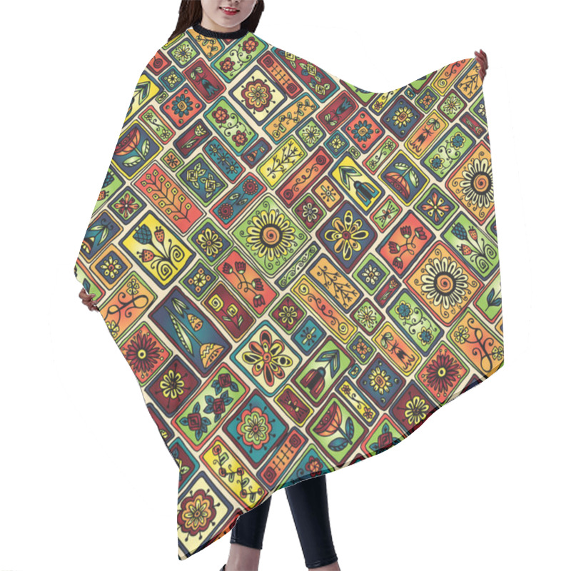 Personality  Seamless Patchwork Pattern From Moroccan Tiles And Abstract Flowers. Hair Cutting Cape