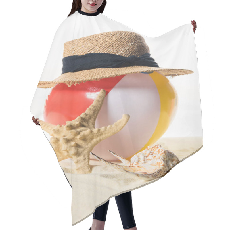 Personality  Beach Ball Under Straw Hat By Seashell In Sand Isolated On White Hair Cutting Cape