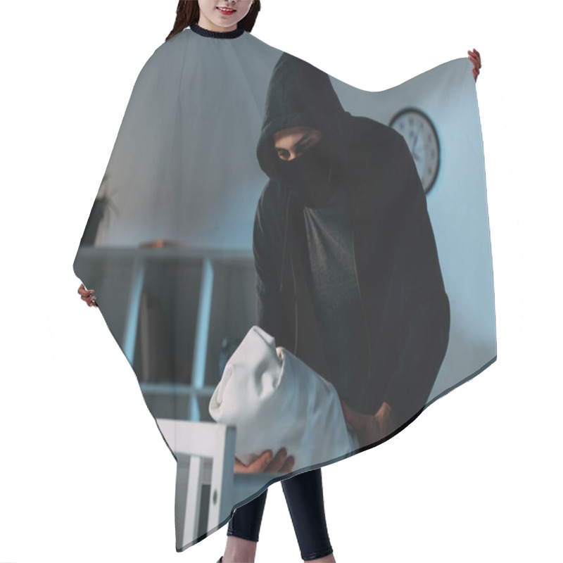 Personality  Kidnapper In Mask And Hoodie Standing Near Crib And Holding Infant Child Hair Cutting Cape