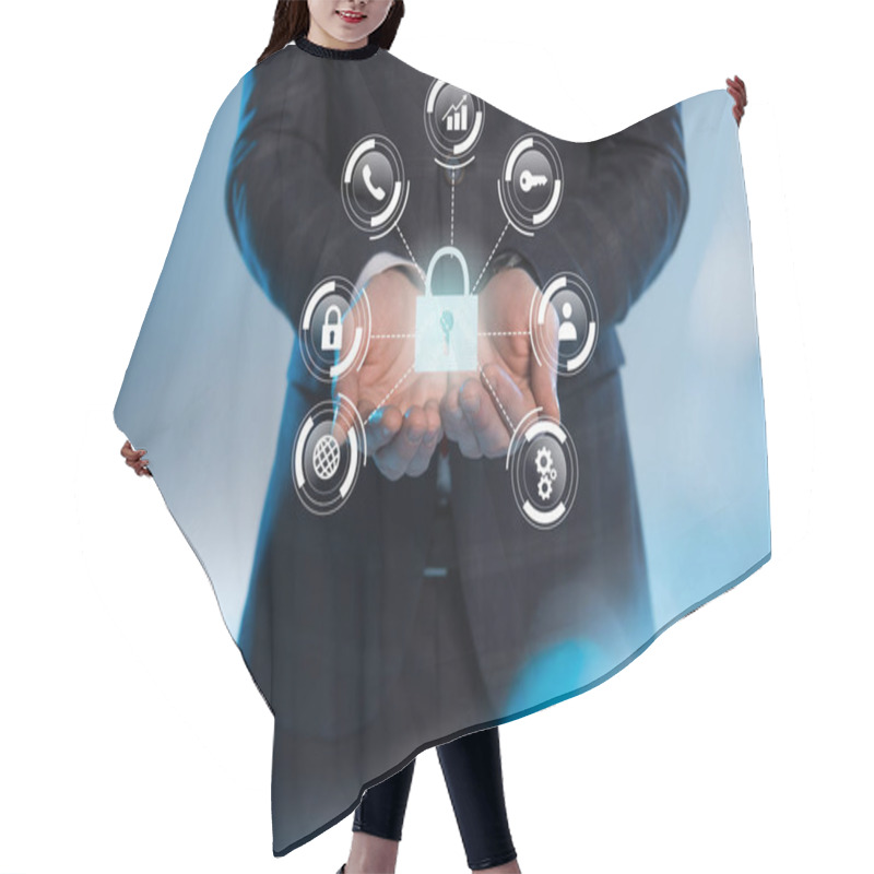 Personality  Partial View Of Businessman With Outstretched Hands And Internet Security Icons Above On Blue Background Hair Cutting Cape