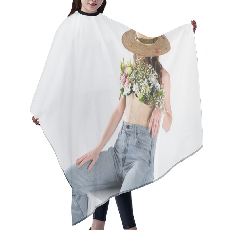 Personality  Woman With Flowers In Blouse And Sun Hat Sitting On White Chair Isolated On Grey  Hair Cutting Cape