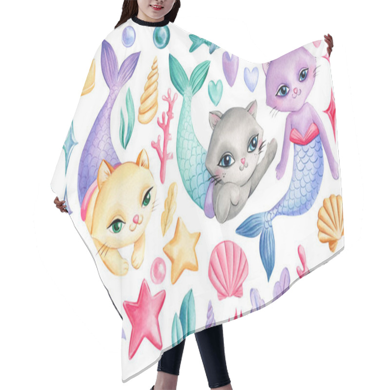 Personality  Cute Cat. Mermaid, Seashells, Crown, Bubbles, Coral And Fish. Isolated White Background. Watercolor Drawing Hair Cutting Cape