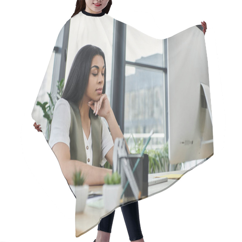 Personality  A Thoughtful Woman Engages With Her Work At A Modern Office Setting. Hair Cutting Cape