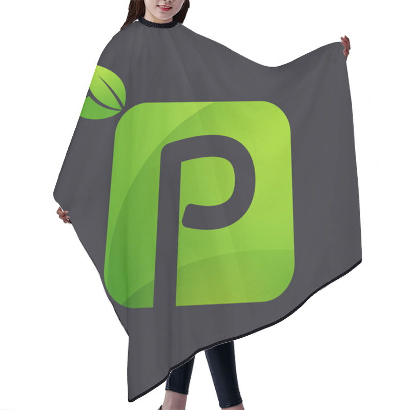 Personality  P Letter Logo With Square And Green Leaves. Hair Cutting Cape