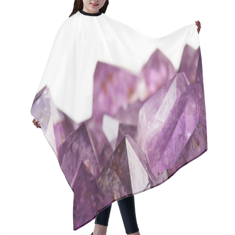 Personality  Close Up Of Amethyst Crystals On White Background Hair Cutting Cape