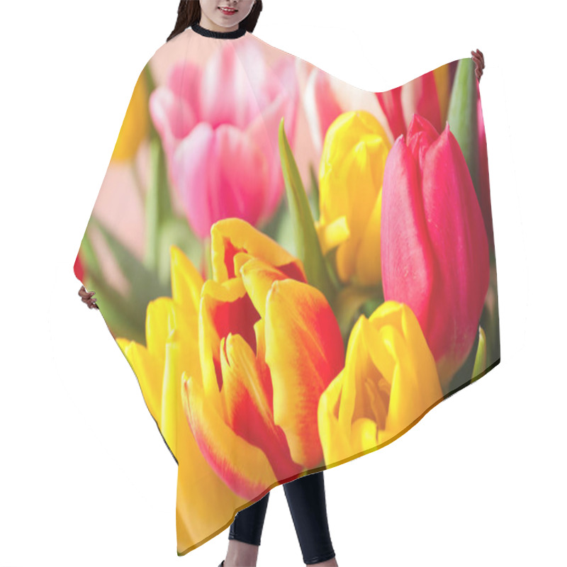 Personality  Beautiful Spring Tulips On Light Background, Closeup Hair Cutting Cape