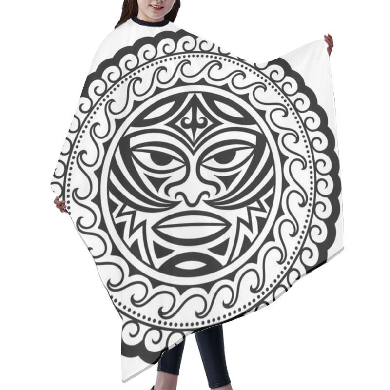 Personality  Circular Pattern In Form Of Mandala With Thunder-like Tiki Is Symbol-mask Of God. Traditional Ornaments Of Maori People - Moko Style. Vintage Decorative Tribal Border From Elements Of African Theme. Hair Cutting Cape