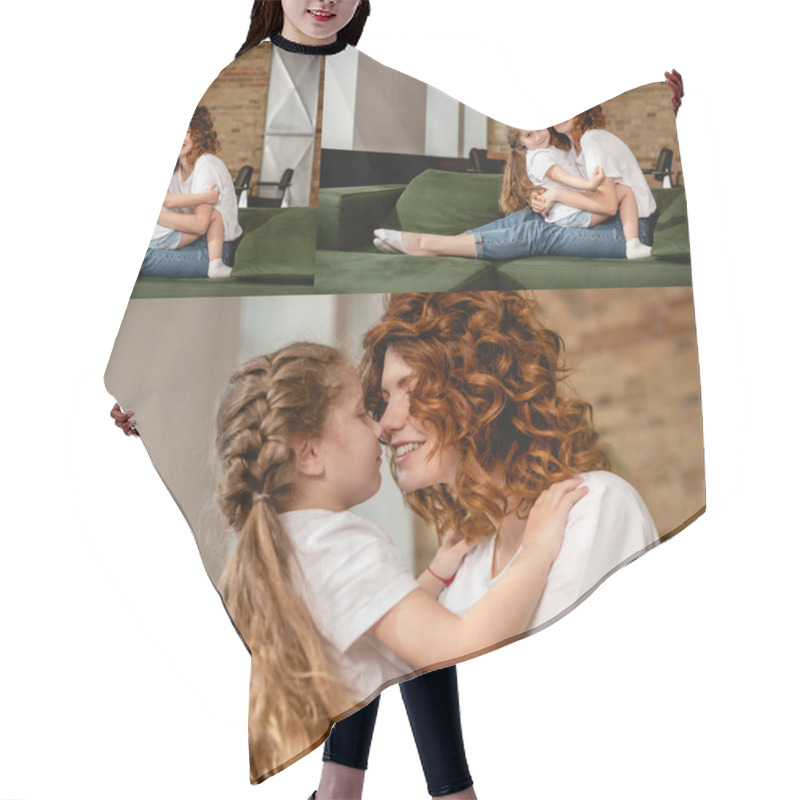 Personality  Collage Of Cute Daughter Hugging And Touching Noses With Happy And Curly Mother  Hair Cutting Cape