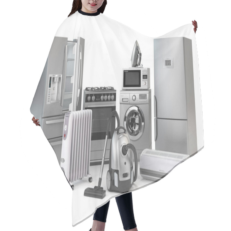 Personality  Home Appliances. Set Of Household Kitchen Technics Isolated On White Background. Fridge, Gas Cooker, Microwave Oven, Washing Machine Vacuum Cleaner Air Conditioneer And Iron. 3d Illustration Hair Cutting Cape