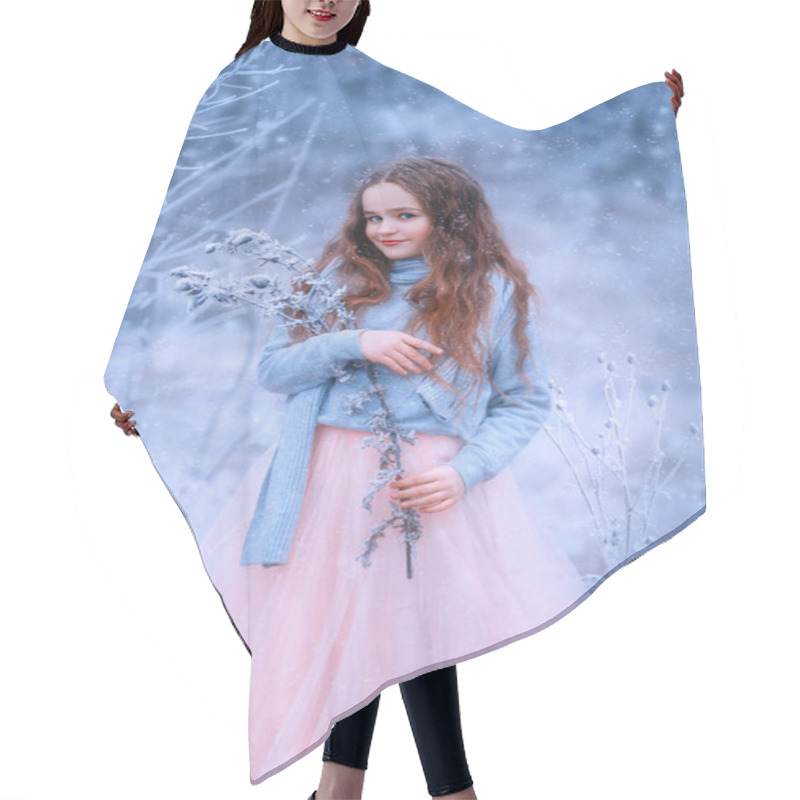 Personality  Portrait Charming Cute Happy Smiling Girl Frozen Branch In Hands. Princess Brunette With Long Flowing Hair In Chic Airy Dress, Warm Sweater Scarf Enjoy Winter Nature On Backdrop Snow Frost, Hoarfrost Hair Cutting Cape