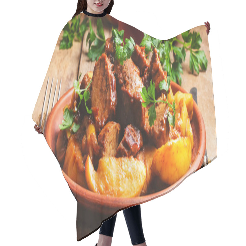 Personality  Meat Baked With Quince On Clay Plate, Rustic Wooden Background, Banner Hair Cutting Cape