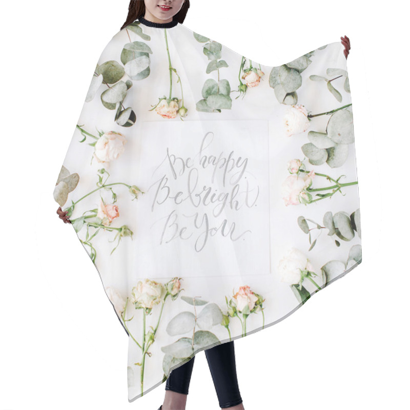 Personality  Paper With Pink Roses And Eucalyptus Branches  Hair Cutting Cape