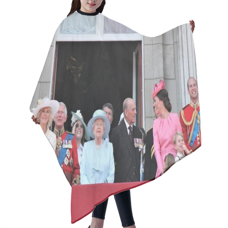 Personality  Queen Elizabeth & Royal Family, Buckingham Palace, London June 2017- Trooping The Colour Prince George William, Harry, Kate & Charlotte Balcony For Queen Elizabeth's Birthday June 17, 2017 London, UK Stock, Photo, Photograph, Image, Picture, Press,  Hair Cutting Cape