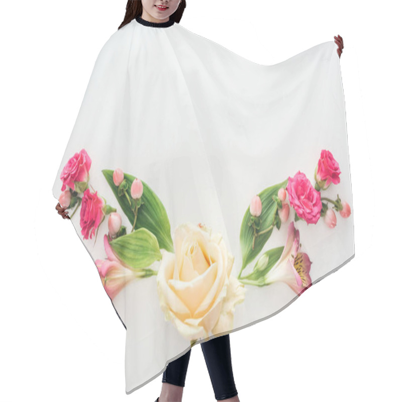 Personality  Top View Of Composition With Alstroemeria, Roses And Berries On White Background Hair Cutting Cape